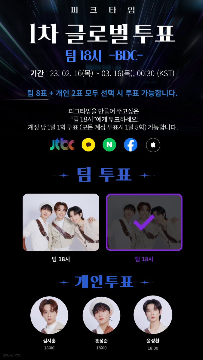 🚥피크타임 1차 글로벌 투표 시작✨️
"팀 18시"  𝗕𝗗𝗖에게 피크타임을 만들어 주세요.

✔️계정 당 1일 1회 투표
(모든 계정 이용 시 1일 5회 투표 가능합니다)

✅️투표기간 : ~ 3월 15일 6회 본방송 종료 시점
📮 peaktime.jtbc.co.kr