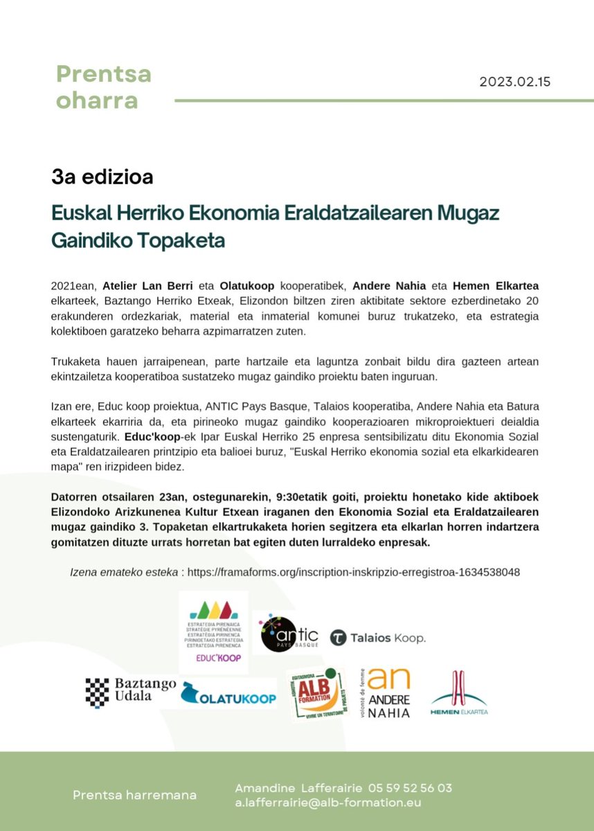 3e édition - Rencontre transfrontalière de l'économie sociale et transformatrice
3a edizioa - Euskal Herriko Ekonomia Eraldatzailearen Mugaz Gaindiko Topaketa
👉 Lien d'inscription / Izena emateko esteka : framaforms.org/inscription-in…