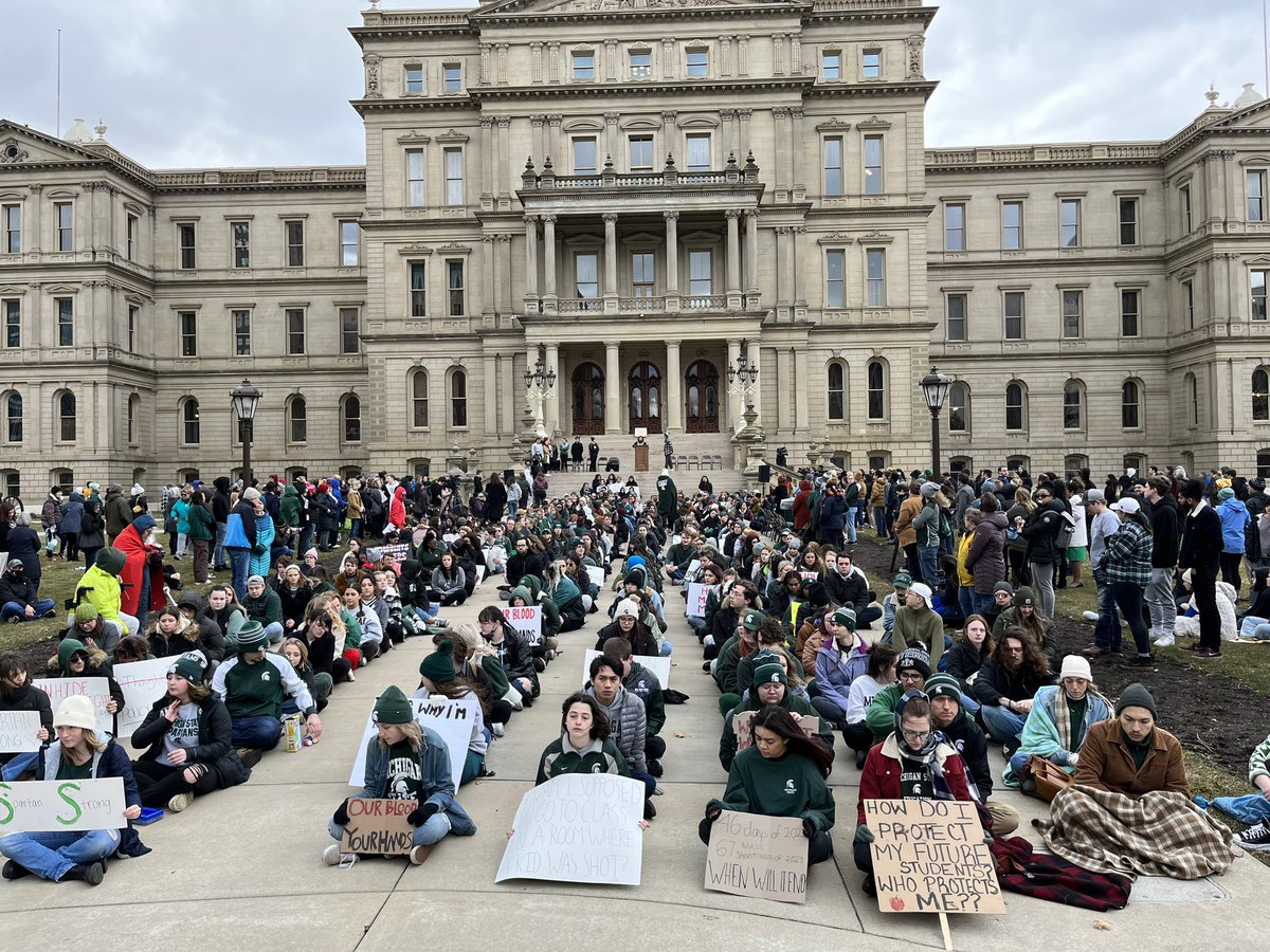 DNBethLeBlanc's tweet image. MSU students have begun a sit in at the Michigan Capitol following the shooting at MSU, sitting in the same formation they would for lockdown drills at school.