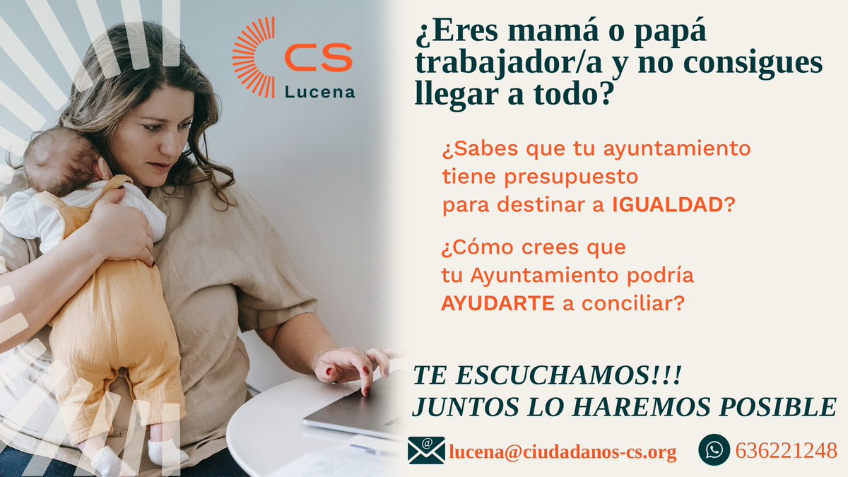 Cs_Lucena's tweet photo. ¿Eres mamá o papá trabajador/a o en busca activa de empleo y no consigues llegara todo?

Sabes que tu ayuntamiento tiene presupuesto para destinar a IGUALDAD?

¿Qué crees que podría hacer tu ayuntamiento para AYUDARTE
a conciliar?

TE ESCUCHAMOS!!!
JUNTOS LO HAREMOS POSIBLE https://t.co/oDSUV4kM7V