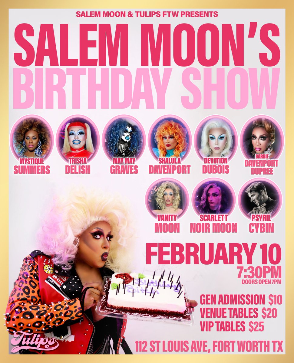 TULIPS FTW PRESENTS
Salem Moon's Birthday Show!

Featuring:
Salem Moon
Trisha Delish
May May Graves
Shalula Davenport
Devotion DuBois
Barbie Davenport Dupree
& More!

Graphics by Me.

#commission #dragqueen #graphicdesign #artist #eventflyer #photoshop #dragrace #dragshow