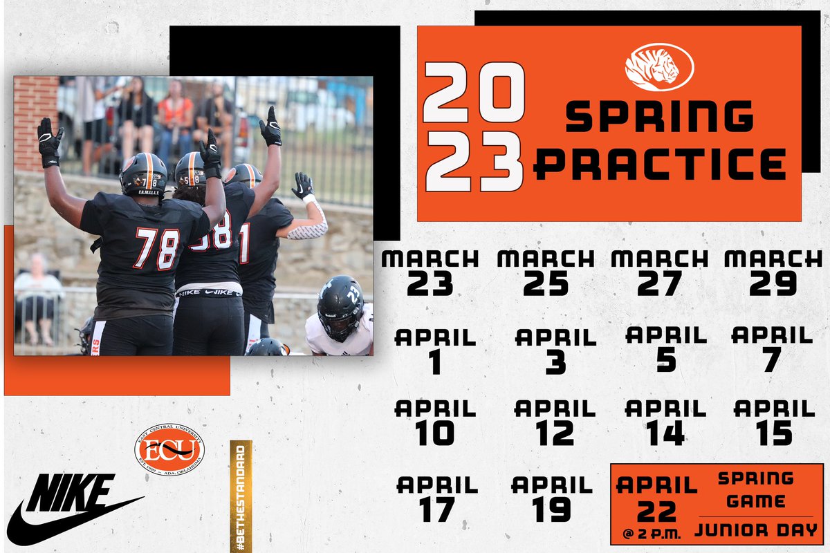 ECUTigersFB's tweet photo. Spring Ball Dates 🐅

Spring game starts at 2 pm!!!!

Open to all Oklahoma HS Football coaches! 

Junior day invites coming soon

#BeTheStandard https://t.co/r36izu2Nsx