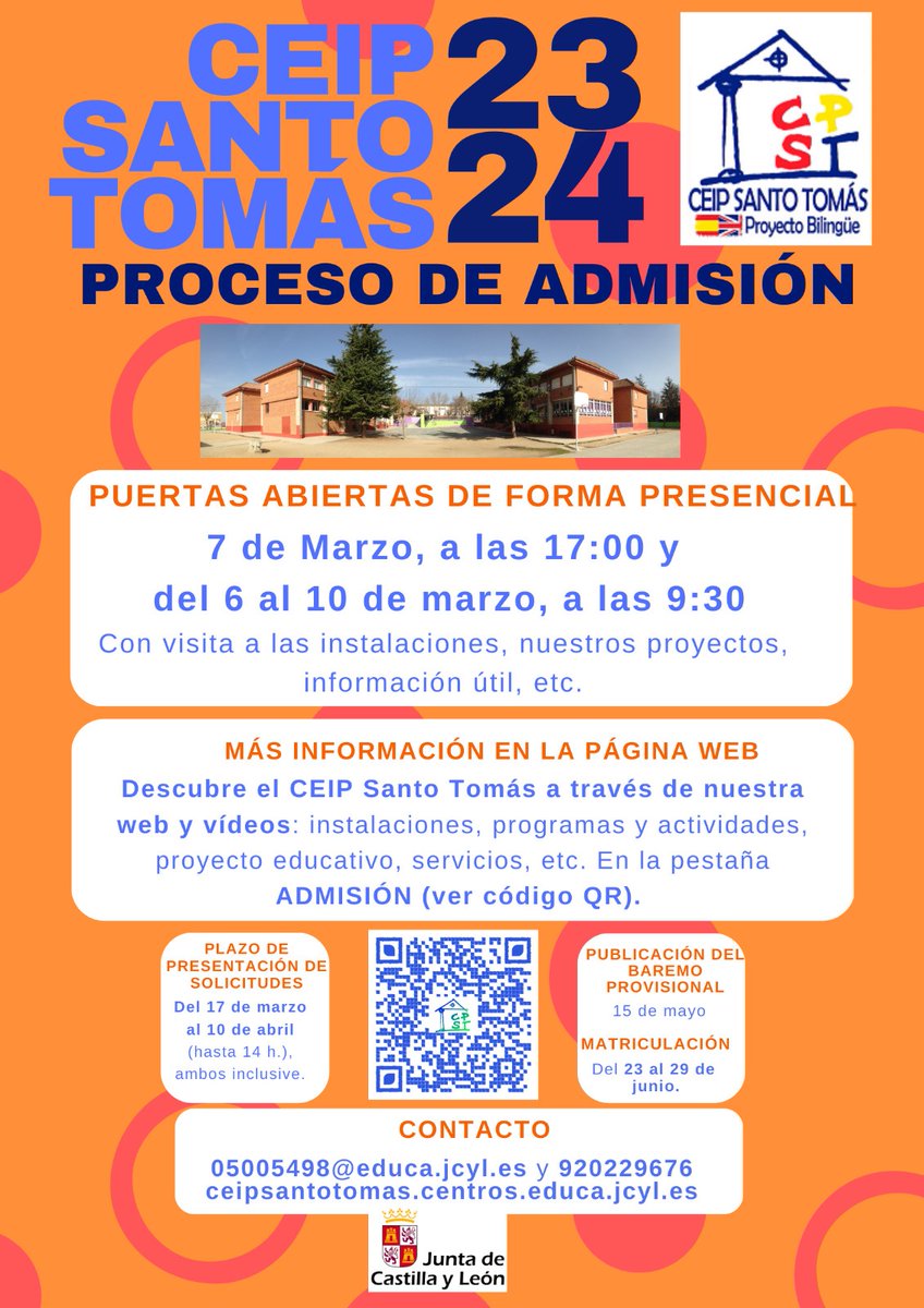 ceipS_TomasAV's tweet photo. PROCESO DE ADMISIÓN: Jornada de puertas abiertas el 7 de marzo a las 17:00 y  del 6 al 10 de marzo a las 9:30.  Plazo de formalización de solicitudes del 17 de marzo al 10 de abril. Más info en https://t.co/xk04u28So2 y web del colegio. https://t.co/zUX8g0s1mo
