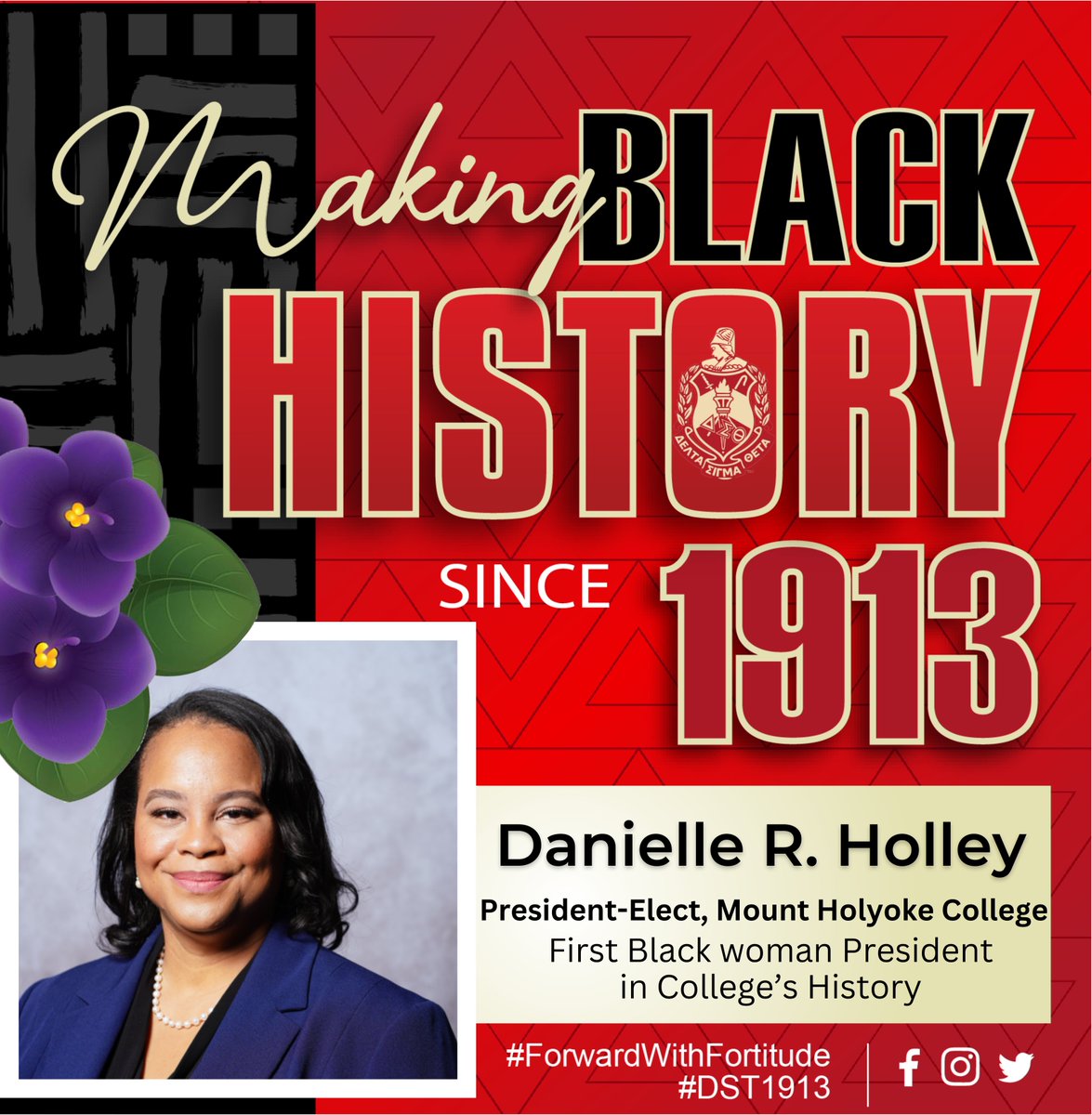dstinc1913's tweet photo. Congratulations to Soror Danielle R. Holley who was appointed as the twentieth president of Mount Holyoke College! Soror Holley is the first Black woman in the college’s 186 years to serve as permanent president. 

#DST1913 #BlackHistoryMonth #ForwardWithFortitude https://t.co/Woc2zN1zy3