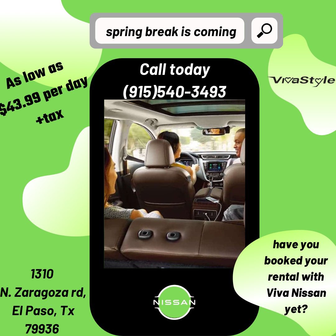 Spring break is around the corner… don’t put miles on your car when you can put miles on our rental vehicle. Lowest rates in El Paso, unlimited miles, no hassle, and we match/beat our competitors prices. Here at Viva Nissan
#VivaStyle #Nissan