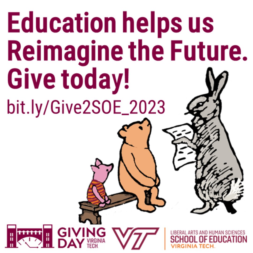 #VTGivingDay is here! Your generous support helps us to increase student support, expand opportunities, &amp; make a powerful impact on the SOE’s future. Help us rise to this year’s challenge! Donate: bit.ly/Give2SOE_2023 #TogetherWeRise #HokieEducatorsRock #ReimaginingTheFuture