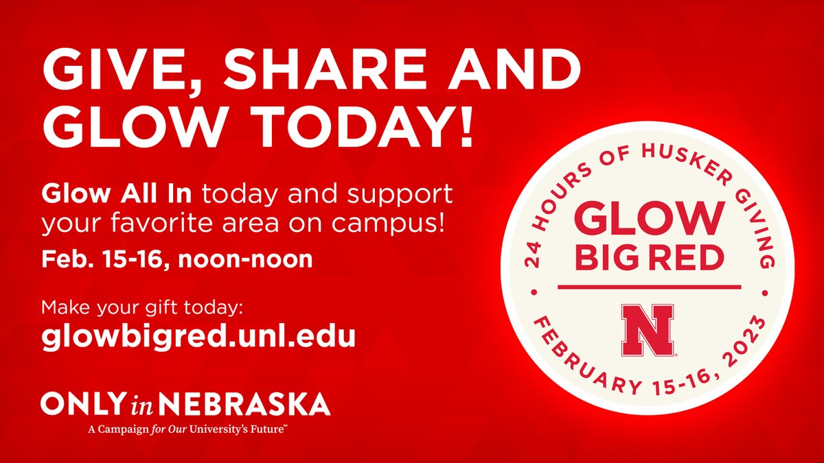 Today kicks off the 2023 Glow Big Red – 24 Hours of Husker Giving. Support our Husker community by making a gift by noon, Feb. 16 at glowbigred.unl.edu.