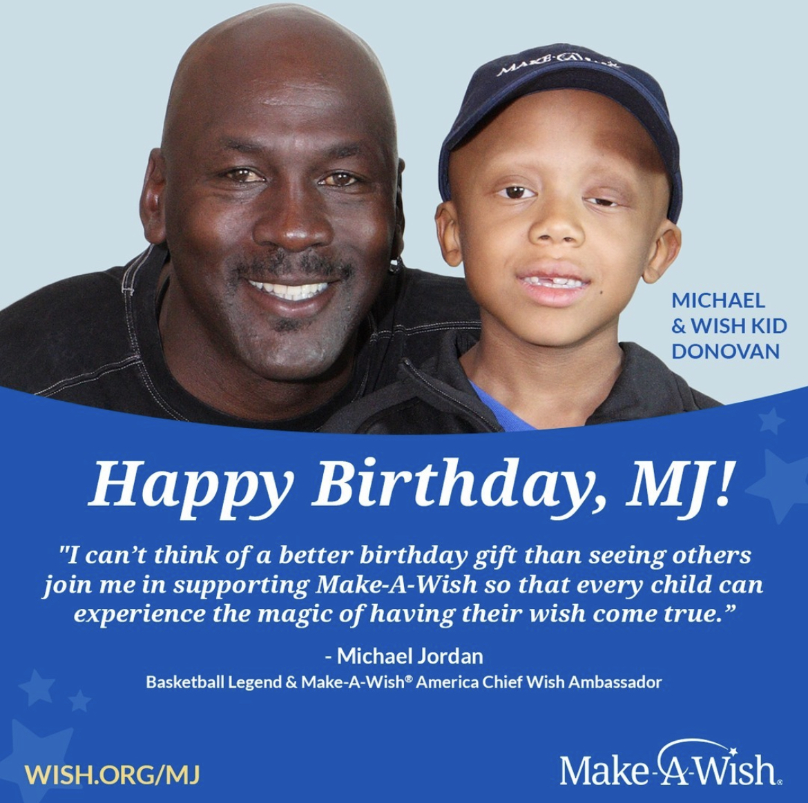 MakeAWishAL's tweet photo. Basketball legend Michael Jordan knows the power of a wish. In honor of his 60th birthday on Feb. 17, he's making a record-setting donation of $10 million to Make-A-Wish America! 

Take MJ's lead and donate in his honor to make more wishes possible.💙 https://t.co/yOFWG6osUv