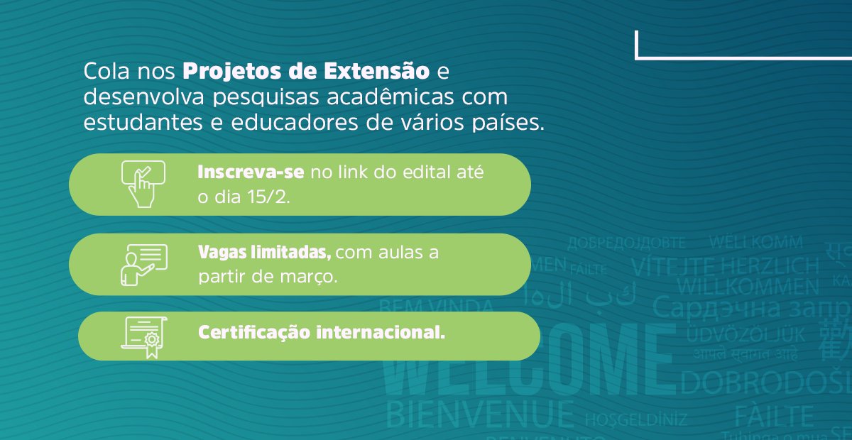 Internacionalizar a sua vida acadêmica é expandir o seu currículo e a visão de mundo além das fronteiras. Nos Projetos de Extensão Internacional, você desenvolve projetos internacionais sem sair de casa. Saiba mais arrastando pro lado.
Confira o edital em bit.ly/Edital_Projeto…