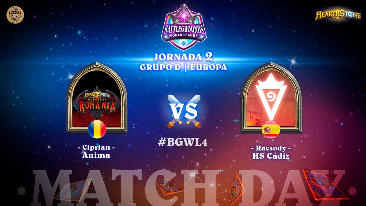 ⚔️ MATCH DAY ⚔️
🟣 Jornada 2 | Grupo D | Europa

🇷🇴 #Anima vs 🇪🇸 <a href="/HSCadiz/">Hearthstone Cádiz</a> 

⏰ 21:00 h. CET | 12:00 h. PT

¡No te lo pierdas! 
📺 twitch.tv/Rafikatcg
📺 twitch.tv/Tekoolucky

👑 #BGWL4