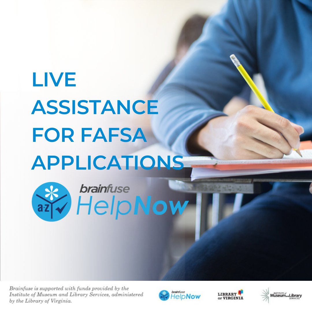 📢 Attention all students and parents! Brainfuse is offers live assistance for the Free Application for Federal Student Aid (FAFSA) to all library HelpNow clients. Get expert help from live FAFSA tutors who will guide you through the application process from start to finish.