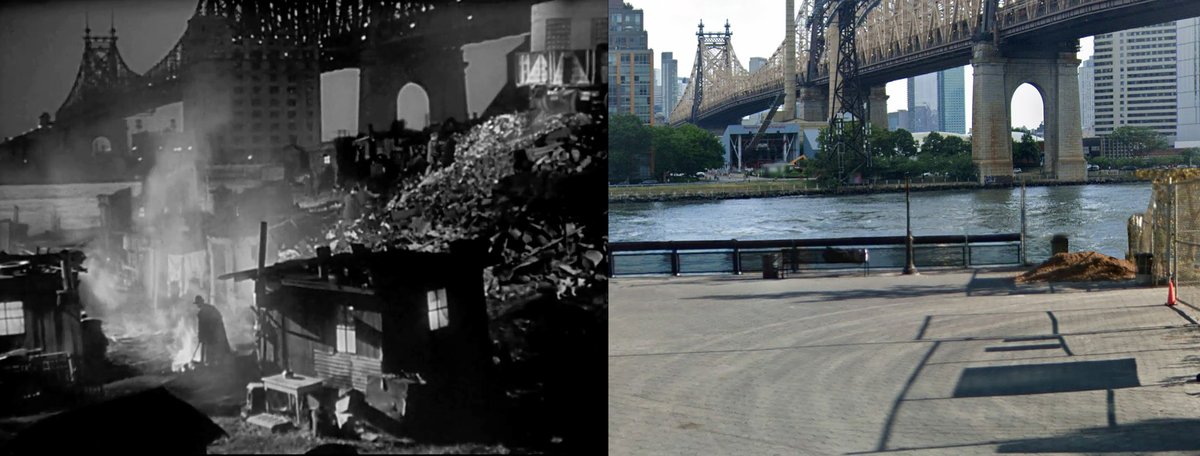 1936 vs 2022. The opening shot from MY MAN GODFREY, taking place on the East River, near E 63rd Street... although technically it was a set with a large rear screen projection of the Queensboro Bridge. #NYC #TCMParty #WilliamPowell