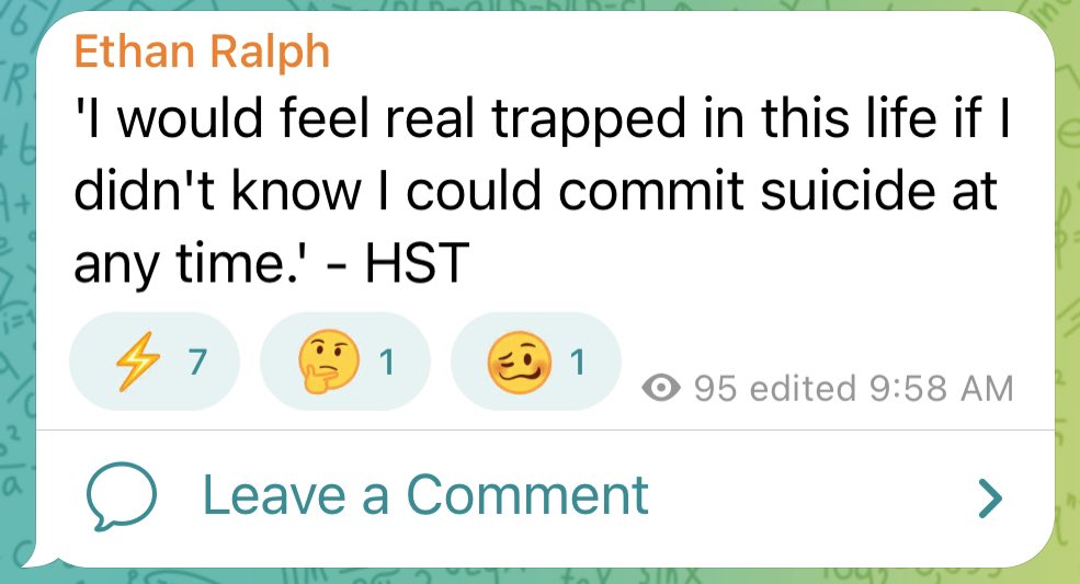 kinocopter's tweet photo. GNN: Ethan Ralph(convicted sex offender) is now suicide baiting on his Telegram account by quoting Hunter S. Thompson.

This is a first, as Ralph typically only suicide baits his girlfriends. https://t.co/PwyKvS5HuK