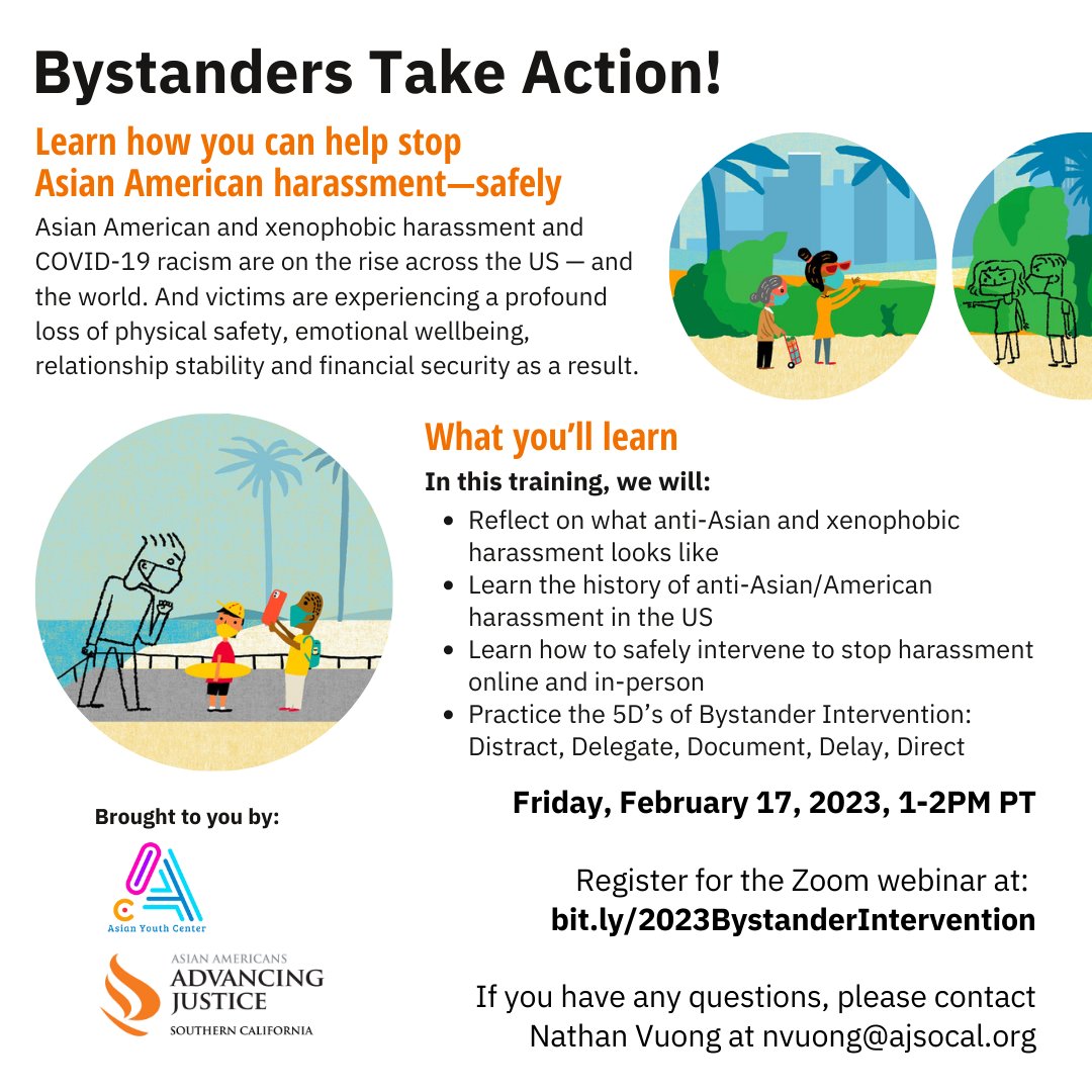 If you see an act of racial harassment, there is something you can do. 

Sign up for our Bystander Intervention Training on 2/17: aaajla.zoom.us/webinar/regist… 

#RiseUp #UnitedInAction #BystanderIntervention #StopAsianHate #StopAAPIHate