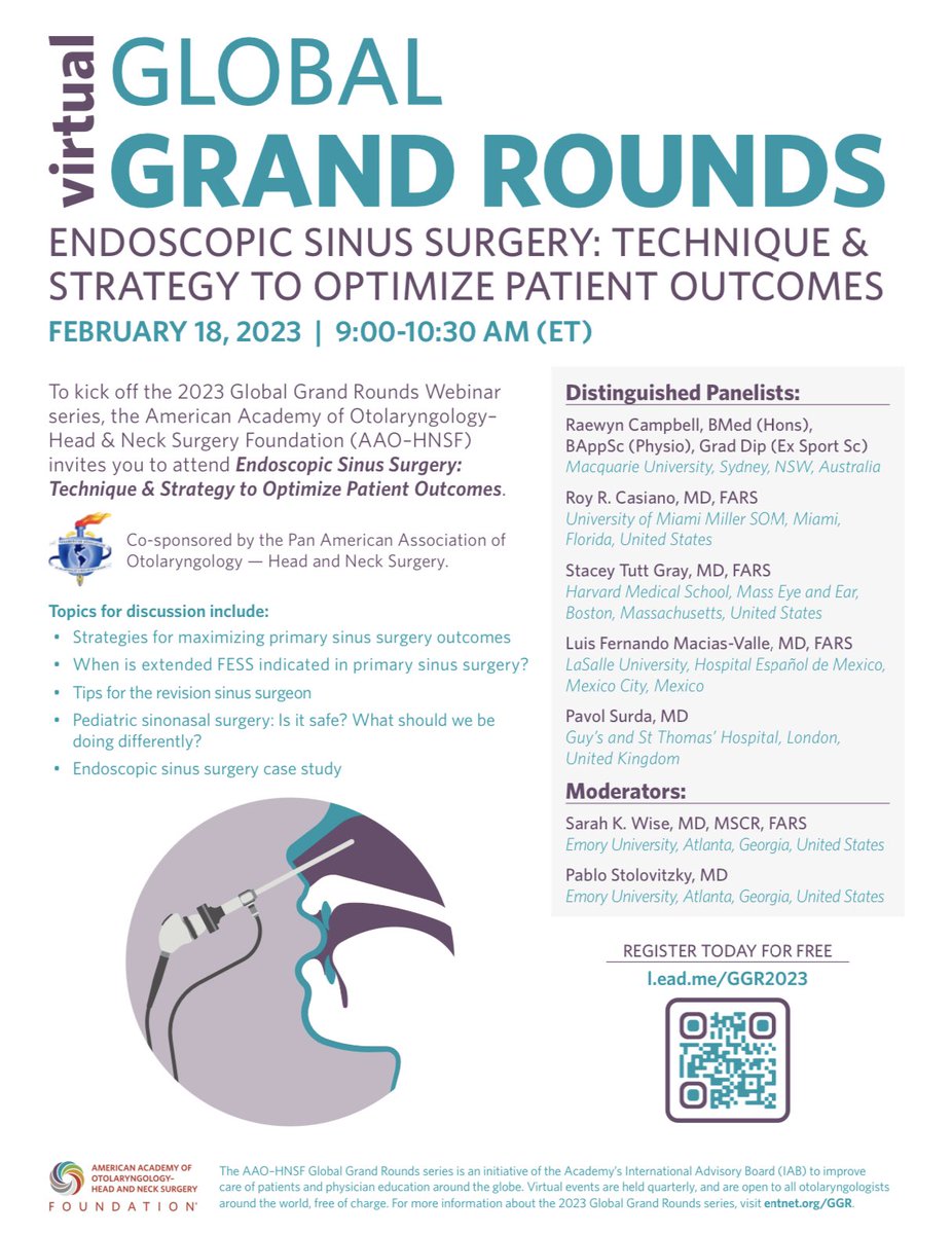 MaciasORL's tweet photo. Super excited to be part of the Global Grand Rounds initiative by the  @AAOHNS 
Topic: Technique and Strategy to optimize outcomes.
Outstanding colleagues from around the world will be part of a dynamic panel.
#weareoto #rhinology https://t.co/dEUxtghWDE