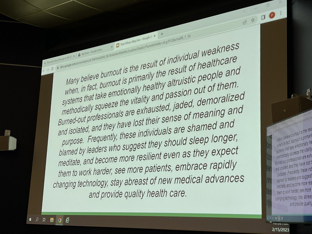 DenverEMed's tweet image. PGY4 Paul Pelletier giving his senior lecture on burnout. Although EM has the highest rate of burnout, there is hope. He combats the idea that yoga is the solution and offers strategies at the provider, team, and institutional levels to establish an esprit se corps.