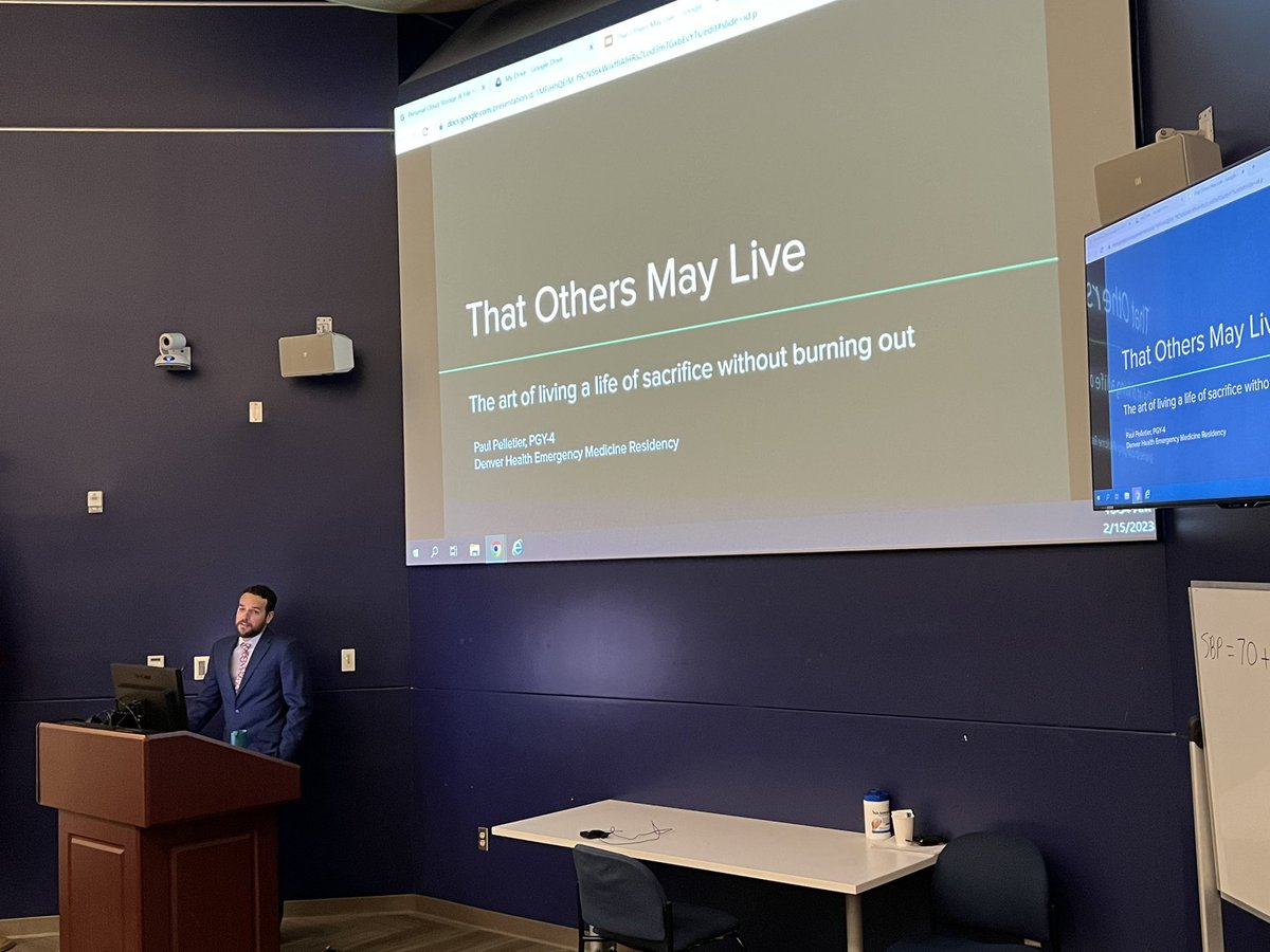 DenverEMed's tweet image. PGY4 Paul Pelletier giving his senior lecture on burnout. Although EM has the highest rate of burnout, there is hope. He combats the idea that yoga is the solution and offers strategies at the provider, team, and institutional levels to establish an esprit se corps.