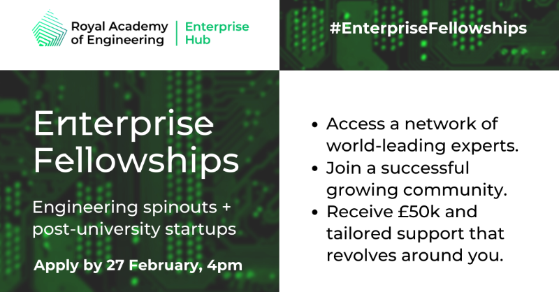 RAEng_Hub's tweet photo. Itching to get your business going? The #EnterpriseFellowships have helped STEM graduates launch 69 tech startups since 2011 and yours could be next.

Apply now to join our 12-month programme of training, expert mentoring and coaching with a £50k grant to help you get started.