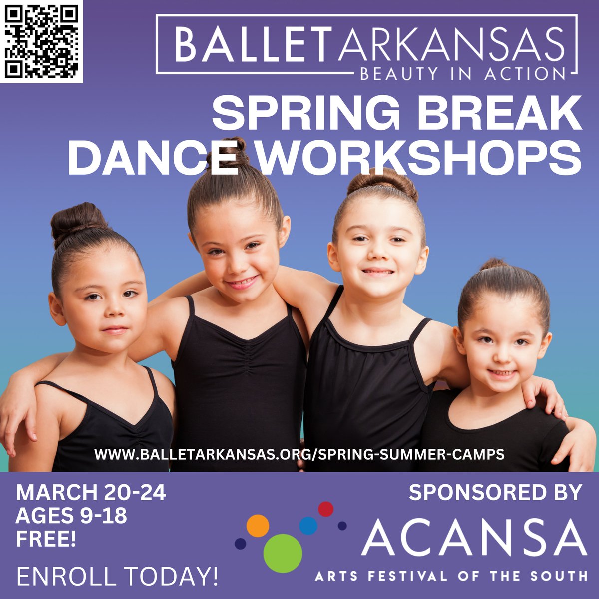 ACANSA's Free Spring Break Art Camps at Ballet Arkansas are filling up quickly! A selection of Beginning through Advanced workshops for ages 9-18 will be held March 20-24. Visit balletarkansas.org for all the details and enroll today - space is limited!
