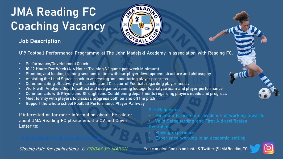 COACHING VACANCY | ⚽️📋

We are looking to add to our successful &amp; passionate coaching team for the remainder of this season and into next season 👤💙

Are you a qualified coach passionate about developing young players? 

Looking to coach in a professional full time environment?