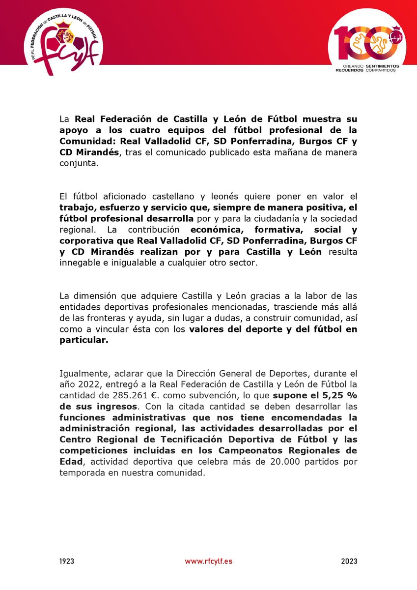 FCyLF's tweet photo. ⚠️La @FCyLF muestra su apoyo a los cuatro equipos del fútbol profesional de la Comunidad @realvalladolid @SDP_1922 @Burgos_CF @CDMirandes  tras el comunicado publicado esta mañana de manera conjunta.

👉https://t.co/UzowbVNq7m https://t.co/3vA6BCTwp8