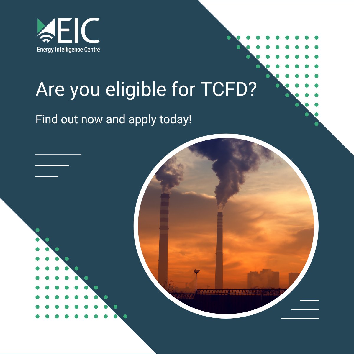 The qualifications for TCFD are set to begin on 1 April 2023, you must act now to ensure compliance if you’re eligible. Not sure if you are? We’re here to help explain it clearly.

Contact us today at eic.co.uk/contact/?utm_c… to schedule a free initial consultation.
