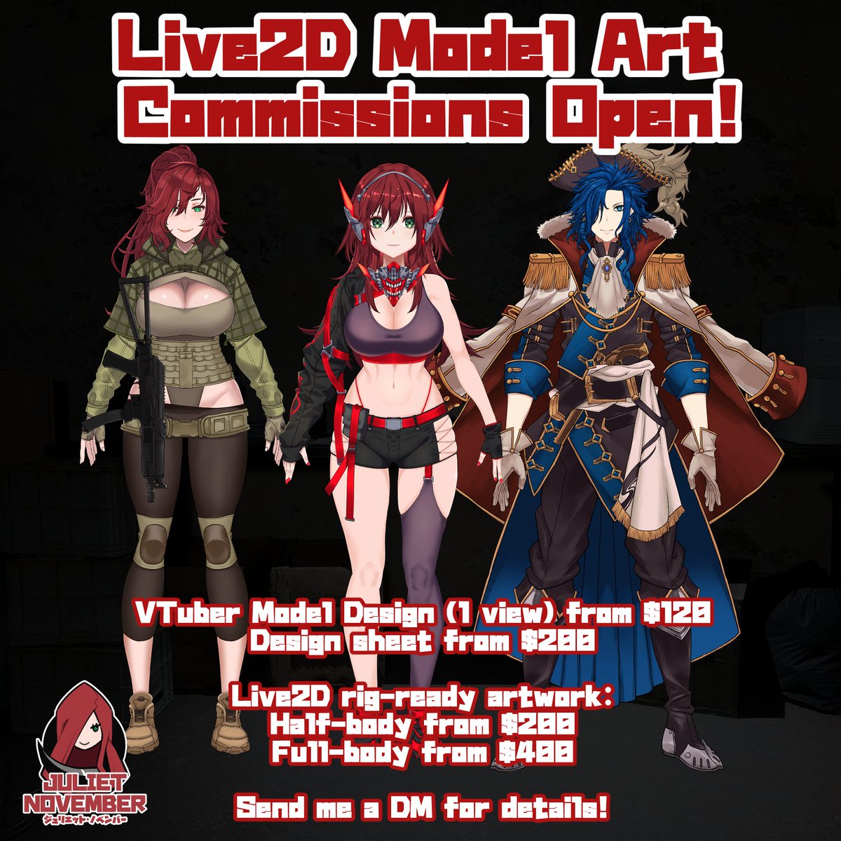 JulietNovember0's tweet photo. ‼️RTs appreciated‼️
I am opening up design and Live2D model art commissions for:
one (1) slot for February and one (1) slot for March!
Please send me a DM or check my bio carrd for details!
#Vtuber #VtuberUprising #vtubercommissions #commissionsopen #Commission #VTuberAssets https://t.co/hDT48Up5o6