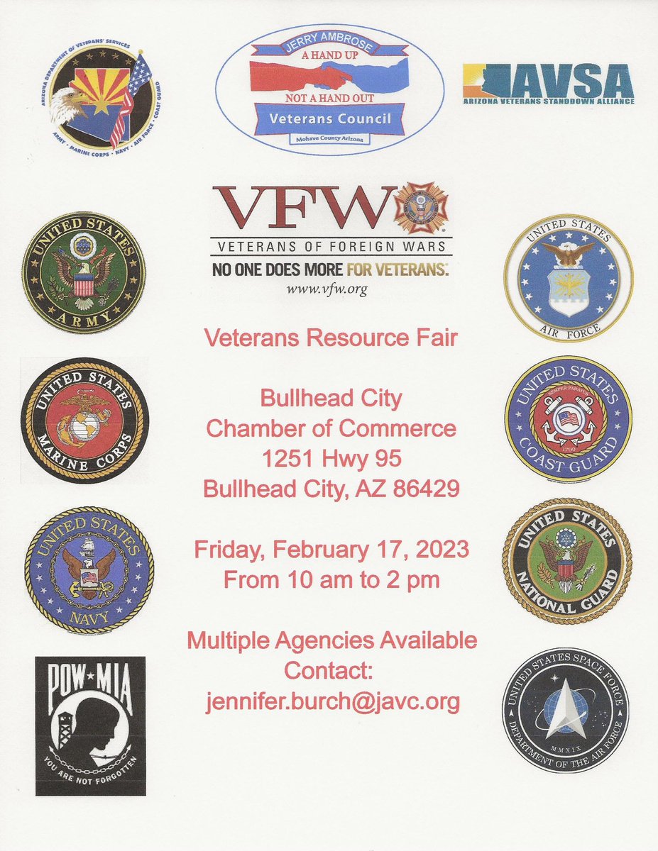 #Veterans in #MohaveCounty, your #Veterans Resource Fair is on FRIDAY (2/17)! From 10AM-2PM connect with resources, agencies and more at the #BullheadCity Chamber of Commerce.

#AZVets #Arizona #VeteranStandDown #westernArizona #resourcefair