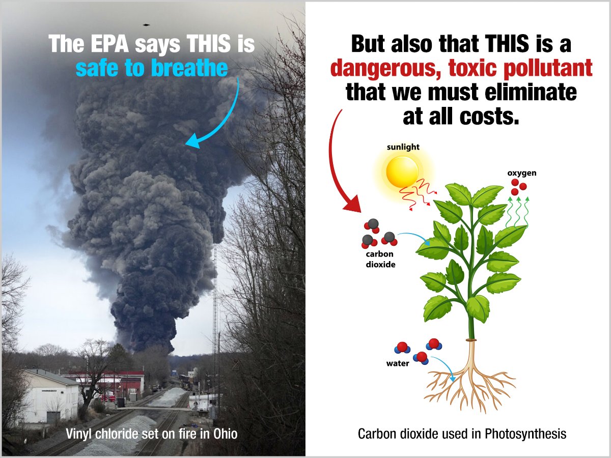 MikeAdamsHR's tweet photo. Hi-res meme we created to showcase the lunacy of the #EPA , which says breathing phosgene and vinyl chloride gas in Ohio is perfectly SAFE, but claims that carbon dioxide (necessary to grow all plants and food crops) is a DANGER to humanity! https://t.co/3PjUAOdmLi
