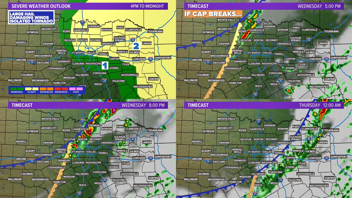 marielruizwx's tweet photo. A mix of sunshine &amp; clouds with a breezy south wind warms temps to the upper 70s. IF storms can develop today, a few will be strong to severe. Storms start NW of DFW around 4 or 5pm. The main threat will be large hail and strong winds. There is a low tornado risk. #wfaaweather https://t.co/0oareJM8J0
