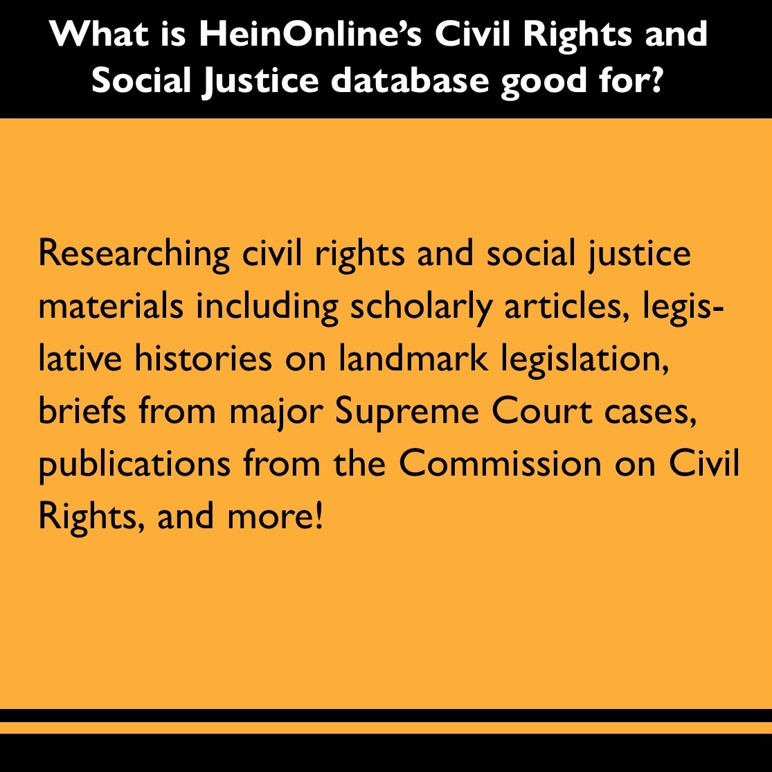 BurgerLibrary's tweet image. Here we are, back at it on a Wednesday with a quick intro to @HeinOnline&apos;s Civil Rights and Social Justice database!

Learn more about it in our blog: ow.ly/v4xx50MTiKP