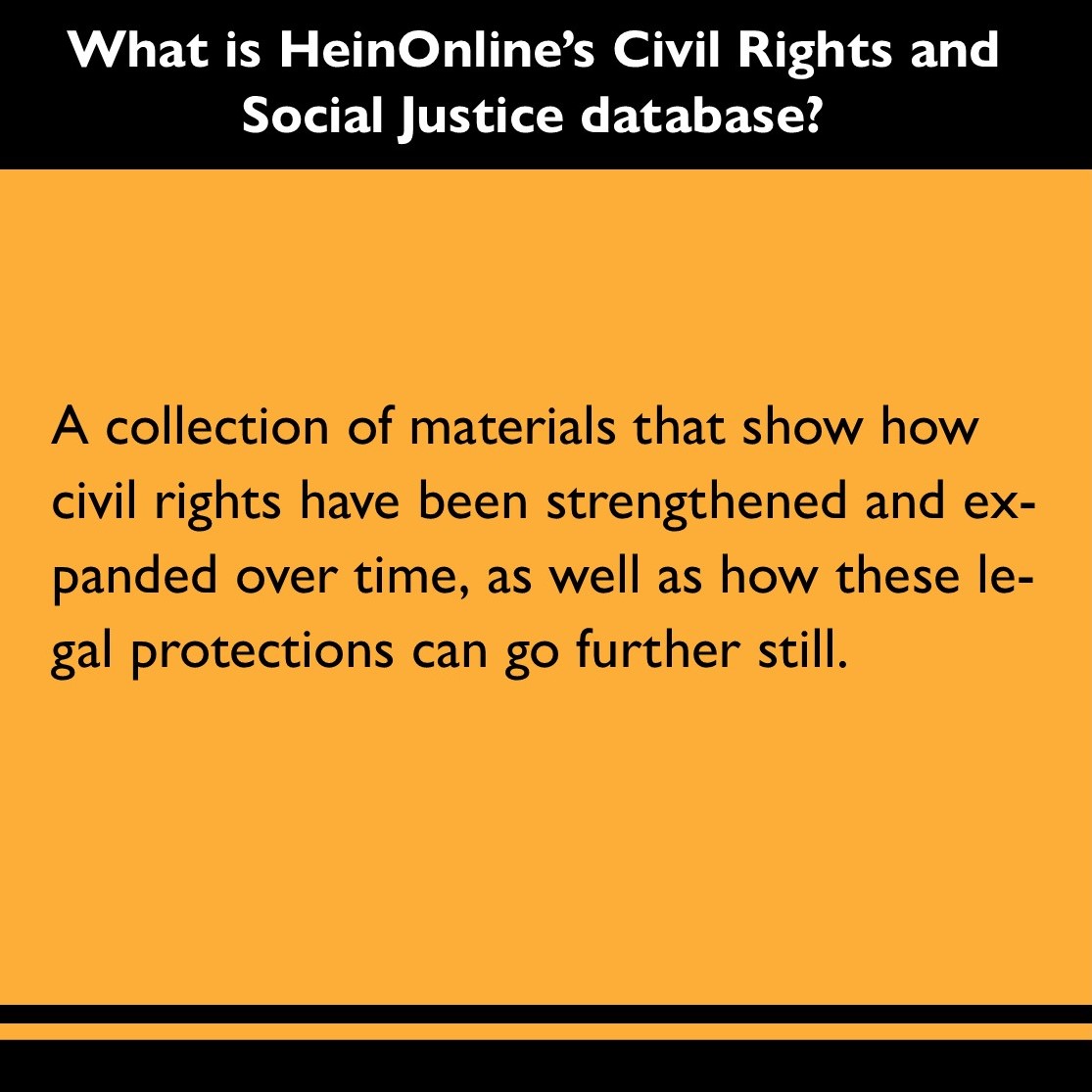 BurgerLibrary's tweet image. Here we are, back at it on a Wednesday with a quick intro to @HeinOnline&apos;s Civil Rights and Social Justice database!

Learn more about it in our blog: ow.ly/v4xx50MTiKP