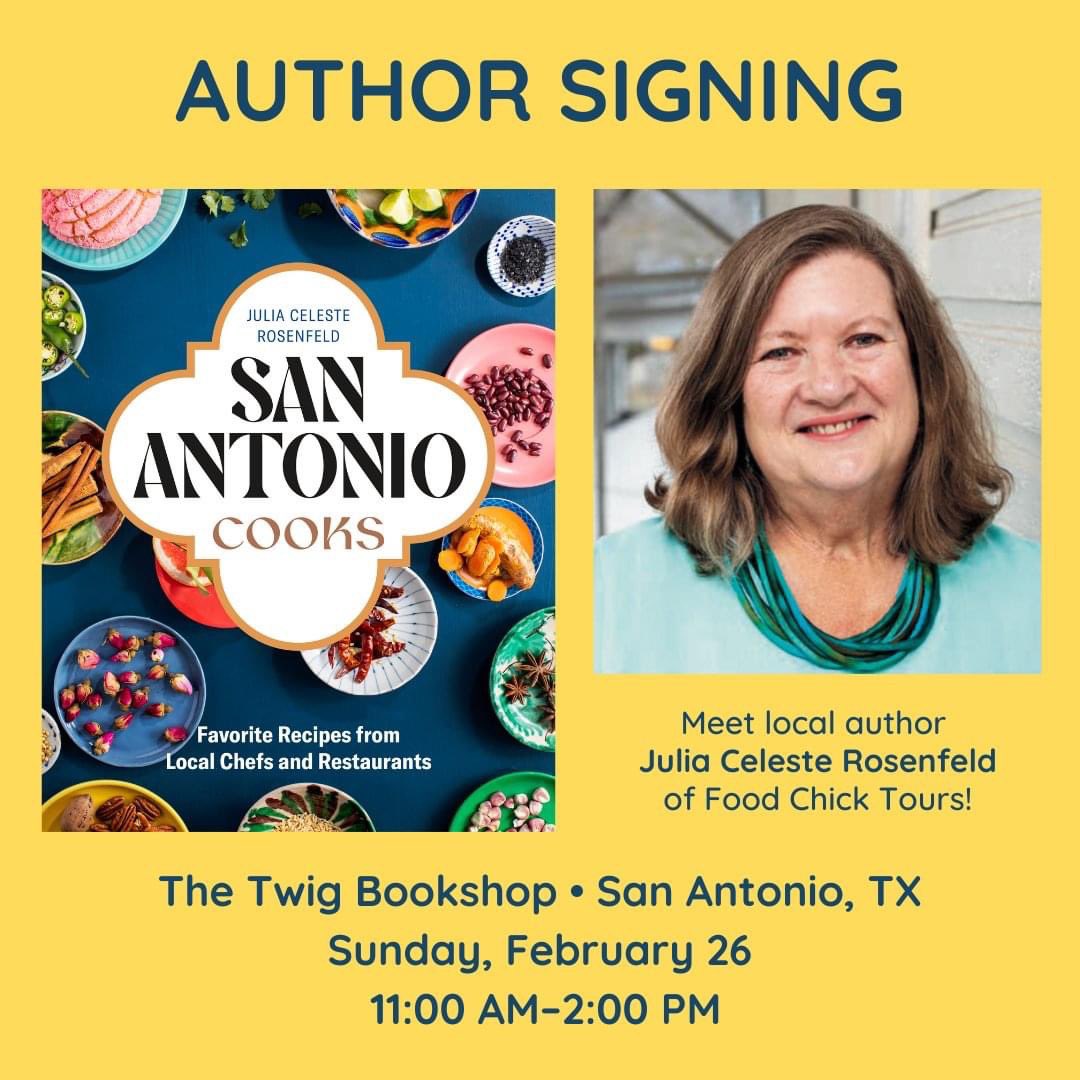 CabernetGrill's tweet photo. Do you have your copy of SAN ANTONIO COOKS yet?
Author Julia Celeste Rosenfeld (whom you might recognize from co-authoring Texas Hill Country Cuisine) will be signing copies of her latest cookbook at The Twig Book Shop Sun Feb. 26 between 11 am & 2 pm.
#safoodies #txfood https://t.co/iQErH3LHKm