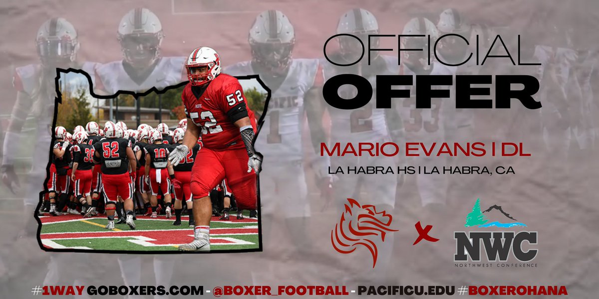 Mario_Evans58's tweet photo. God is Great! Blessed to announce my second offer from Pacific University! ❤️ #GoBoxers @Boxer_Football @Coach_BMeyer @JoshoYouKnow @coachdiaz75 @LHHighlanders https://t.co/ySHZhyaqk9
