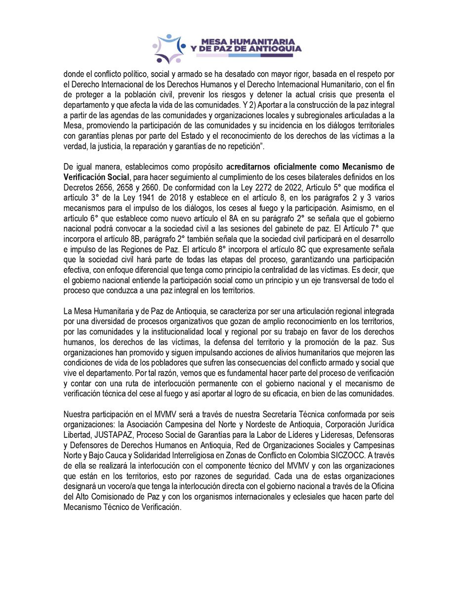MesaHumaniAnt's tweet photo. #Atención📢 
La Mesa Humanitaria y de Paz de Antioquia solicita ante @infopresidencia  @mindefensa  y @ComisionadoPaz, la acreditación como parte del mecanismo para la veeduría, monitoreo y verificación del cese bilateral 

Lee la solicitud aquí 👇🏻 https://t.co/msC0ge96ZA