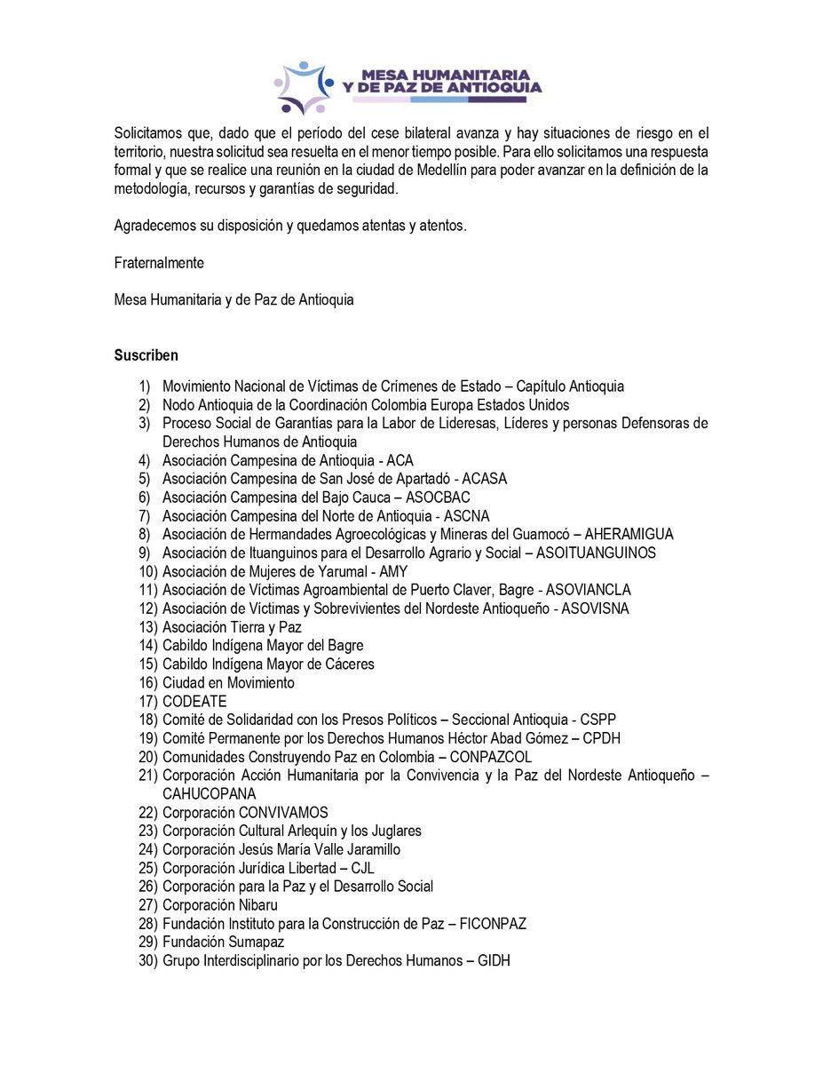 MesaHumaniAnt's tweet photo. #Atención📢 
La Mesa Humanitaria y de Paz de Antioquia solicita ante @infopresidencia  @mindefensa  y @ComisionadoPaz, la acreditación como parte del mecanismo para la veeduría, monitoreo y verificación del cese bilateral 

Lee la solicitud aquí 👇🏻 https://t.co/msC0ge96ZA