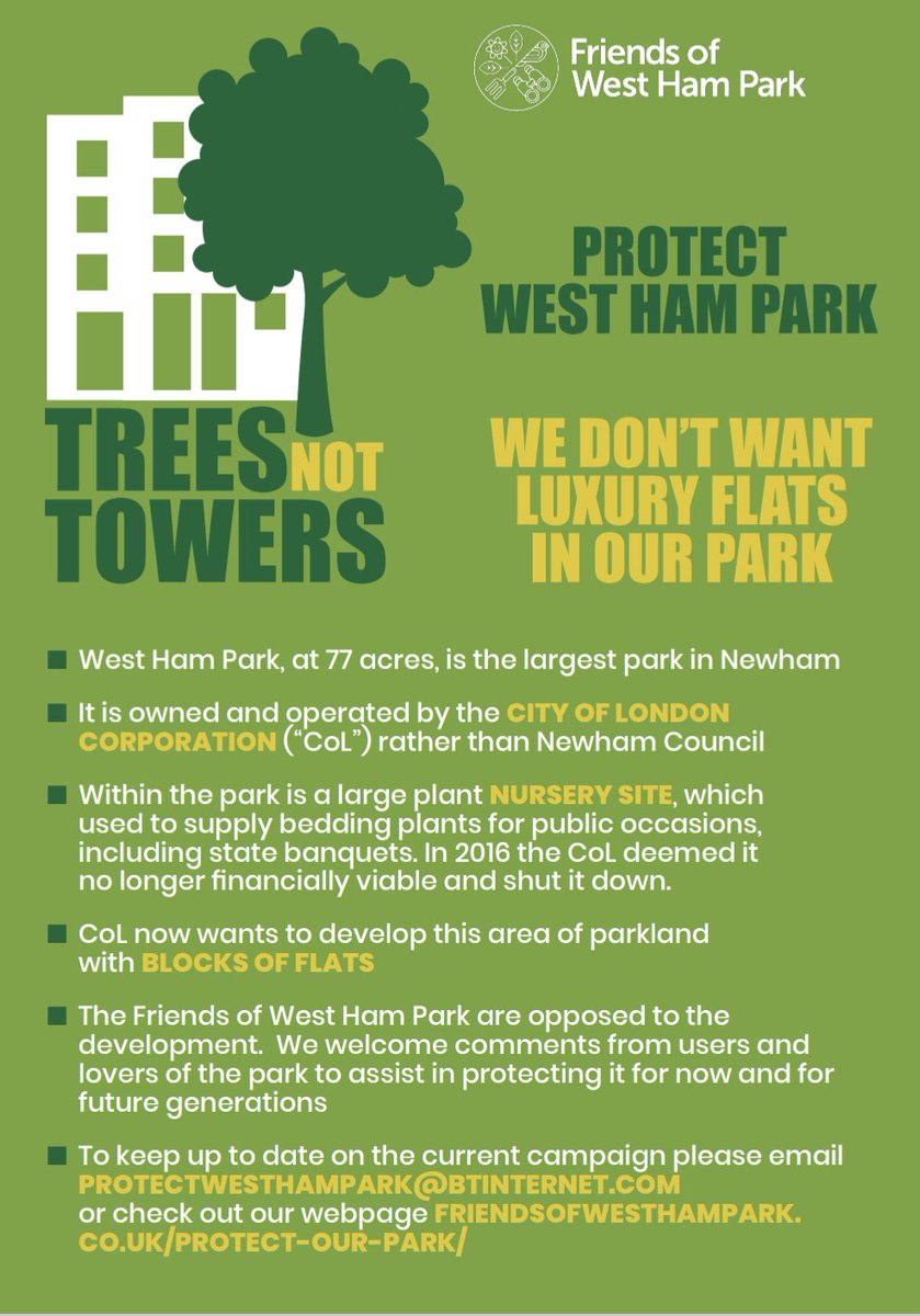 @lynbrownmp and @stephenctimms, have you heard that they (City of London Corporation) are planning to build flats in West Ham Park? Friends of West Ham Park could really use your help publicising this and making sure there is a public consultation! #treesnottowers #westhampark