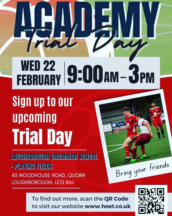 Don’t miss out on this next week! Sign up today to confirm your place at our fantastic trials day! Training session & game with a presentation as well. Join this ever growing brilliant academy ⚽️ #football #academy #education #takeyourgametothenextlevel #quorn @HOET_ @QuornAFC