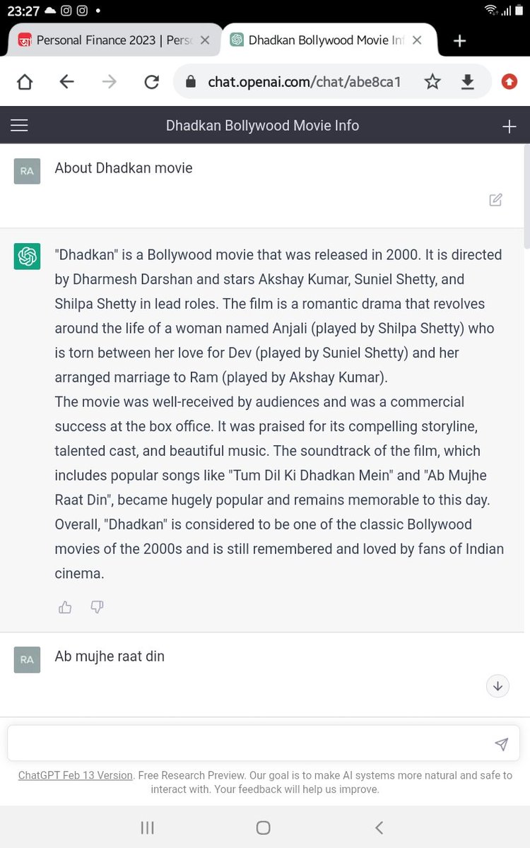 RAJEN20's tweet photo. @Google OpenAI ChatGPT give wrong answer. I asked to ChatGPT lyrics of Ab mujhe raat din song. ChatGPT's answer is the song is from dhadkan movie. But the correct answer is Deewana movie. Here is the proof. https://t.co/B8HEwSm6eJ