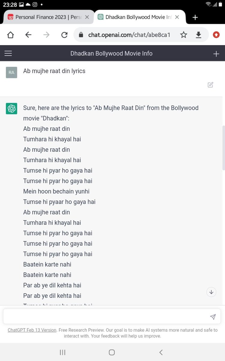 RAJEN20's tweet photo. @Google OpenAI ChatGPT give wrong answer. I asked to ChatGPT lyrics of Ab mujhe raat din song. ChatGPT's answer is the song is from dhadkan movie. But the correct answer is Deewana movie. Here is the proof. https://t.co/B8HEwSm6eJ