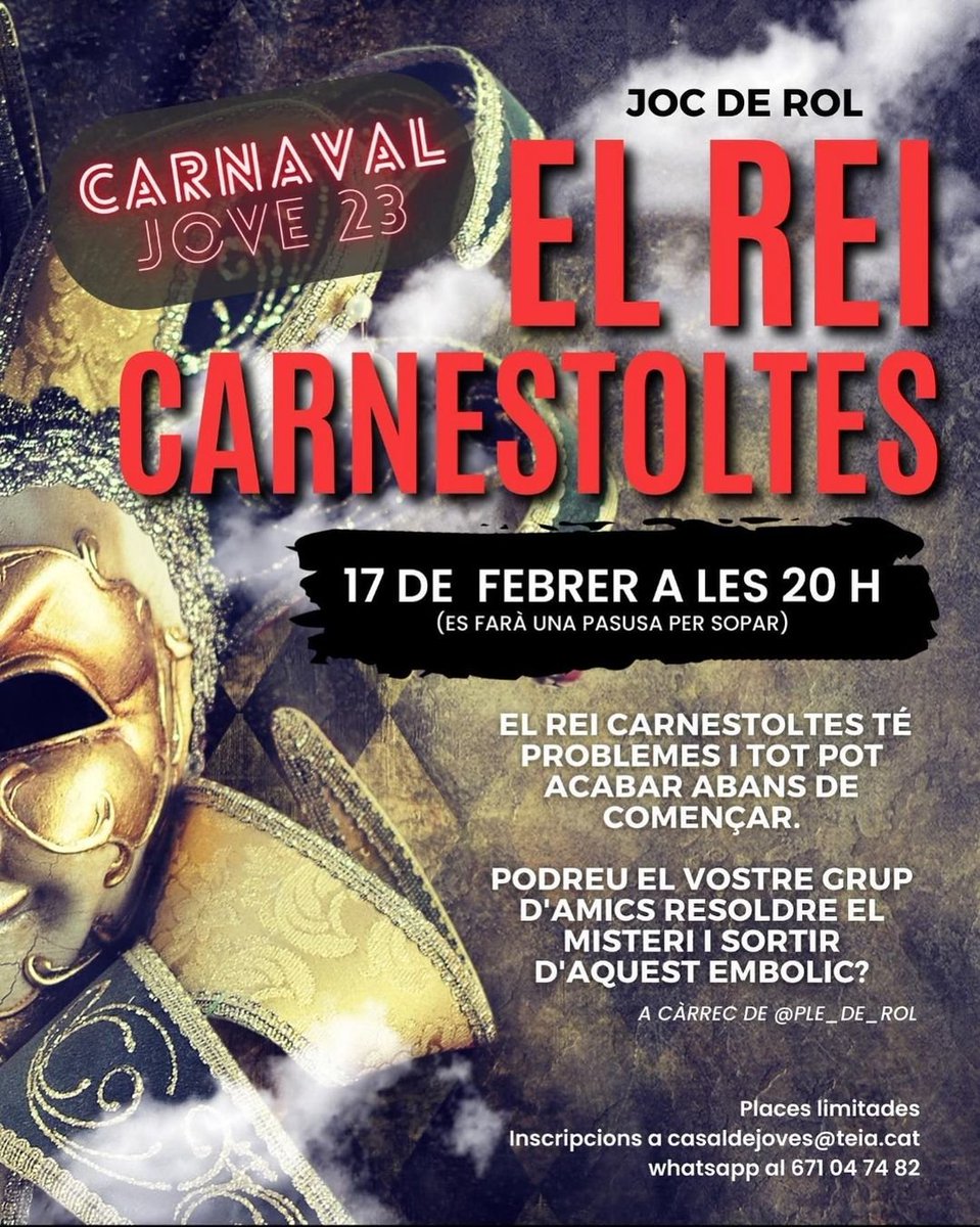 👹Tornem a dinamitzar una nova activitat rolera al Casal de Joves de <a href="/ajTeia/">Ajuntament de Teià</a>!

Aquest divendres, Ple de Rol es mou a Teià per formar part de la jornada especial de Carnestoltes. 
Narrarem la partida "El Rei Carnestoltes" amb el sistema "Nuestro último verano"🎲. <a href="/grapasymapas/">grapas&mapas</a>