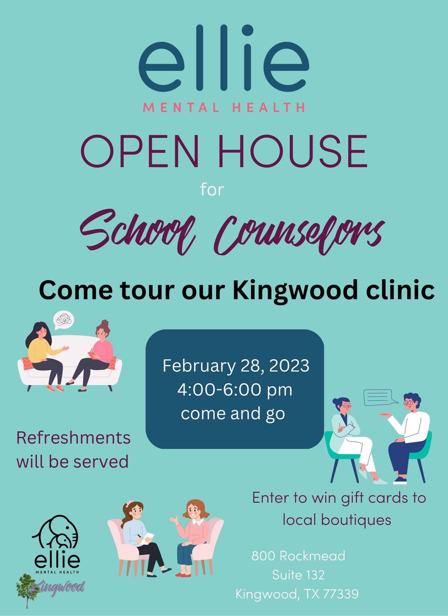 Local school counselors <a href="/HumbleISD/">Humble ISD</a>  and <a href="/newcaneyisd/">New Caney ISD</a>- come to our open house and see our Ellie Mental Health Kingwood clinic!