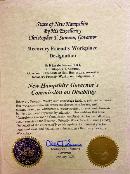 NHGCD's tweet photo. The GCD has been a supporter of Governor Sununu’s Recovery Friendly Workplace initiative for a while. Today, it became official &amp; it’s an honor.  RFW Chairman David Mara personally presented Executive Director Chuck Saia with the designee certificate in the presence of staff. https://t.co/jukjv3Z5fQ