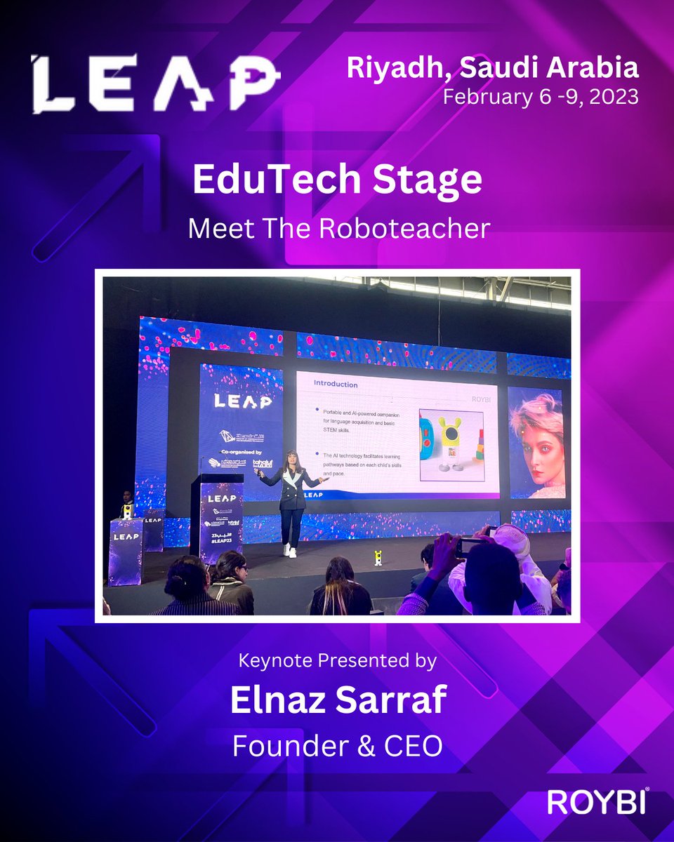 elnaz_sarraf's tweet photo. We had the pleasure of presenting @RoybiRobot at the @LEAPandInnovate Conference. 
We took part in two keynote sessions &amp; a panel to discuss how AI &amp; robotics can help students learn independently. Education 2.0, immersive learning, &amp; the metaverse were some topics we discussed. https://t.co/iZBho5PxOB