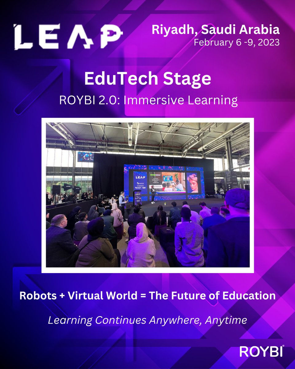 elnaz_sarraf's tweet photo. We had the pleasure of presenting @RoybiRobot at the @LEAPandInnovate Conference. 
We took part in two keynote sessions &amp; a panel to discuss how AI &amp; robotics can help students learn independently. Education 2.0, immersive learning, &amp; the metaverse were some topics we discussed. https://t.co/iZBho5PxOB