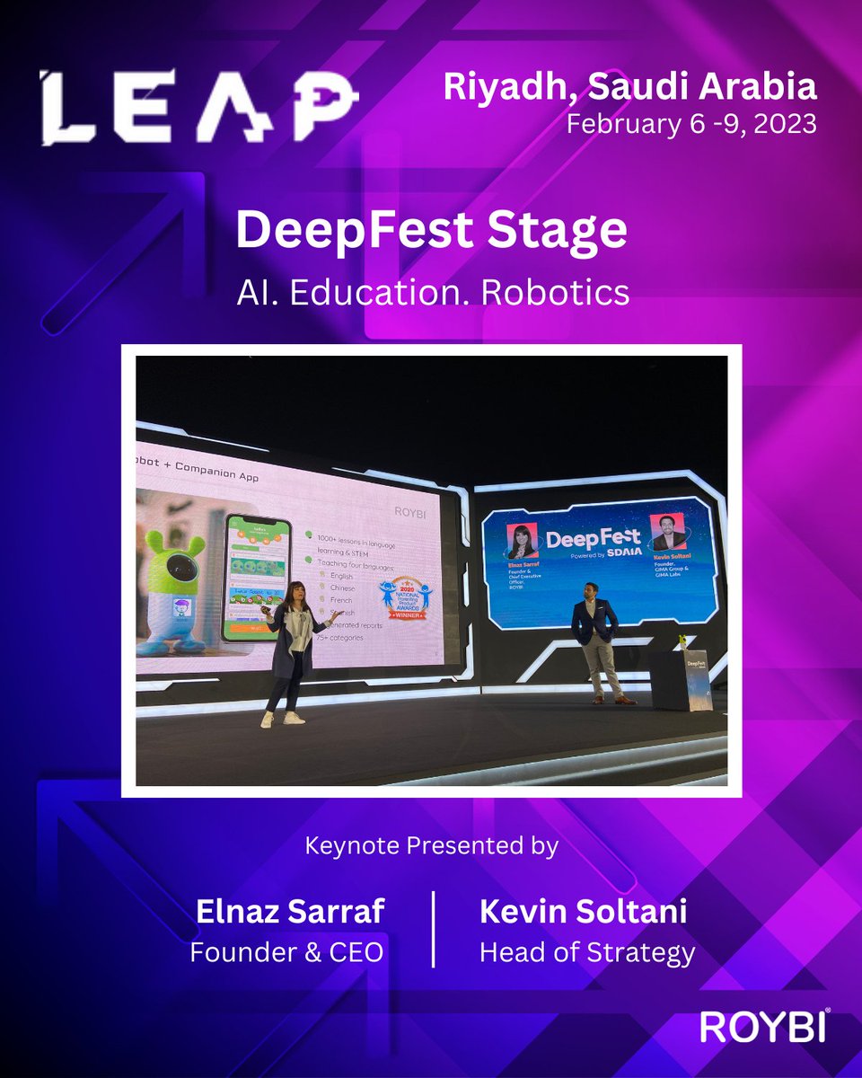 elnaz_sarraf's tweet photo. We had the pleasure of presenting @RoybiRobot at the @LEAPandInnovate Conference. 
We took part in two keynote sessions &amp; a panel to discuss how AI &amp; robotics can help students learn independently. Education 2.0, immersive learning, &amp; the metaverse were some topics we discussed. https://t.co/iZBho5PxOB