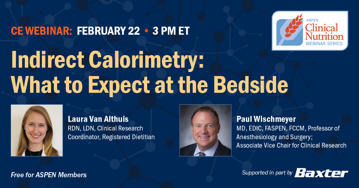 Feb. 22 Webinar: <a href="/LauraVA_RD/">Laura Van Althuis, RDN, LDN</a> &amp; <a href="/Paul_Wischmeyer/">Paul Wischmeyer MD</a> will take a bedside approach to highlight common &amp; unique scenarios while utilizing indirect calorimetry and give user tips for IC assessment during mechanical ventilation, mask, and canopy tests.

Register: bit.ly/3YwprLR