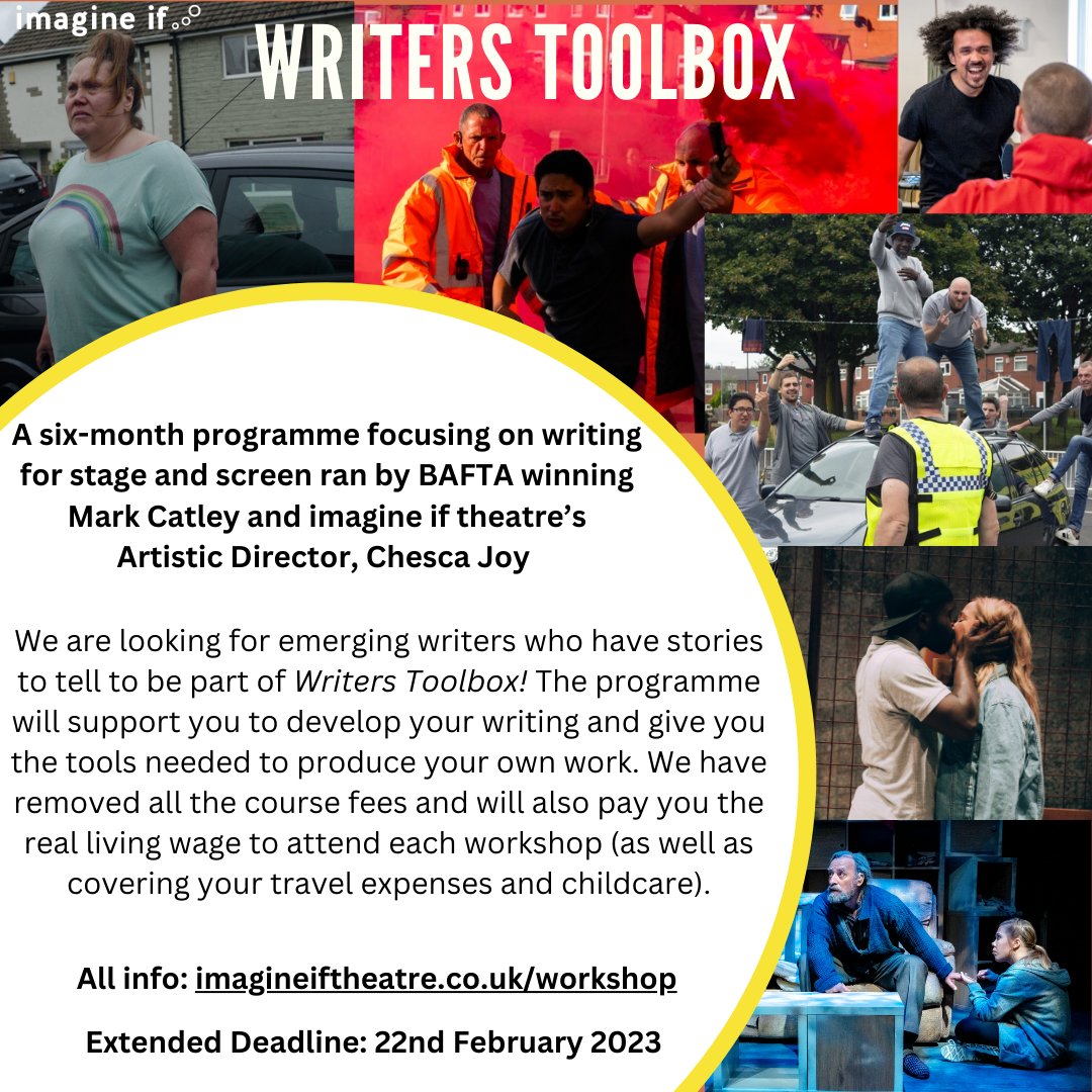 imagine_if_co's tweet image. EXTENDED DEADLINE OF WED 22ND FEB FOR #WritersToolbox 

We&apos;ve been contacted by quite a few writers who have only just become aware of the opportunity &amp;amp; want to apply, so we&apos;ve moved the deadline back by a week!

Writers, you have 1 more week to apply...

imagineiftheatre.co.uk/workshops