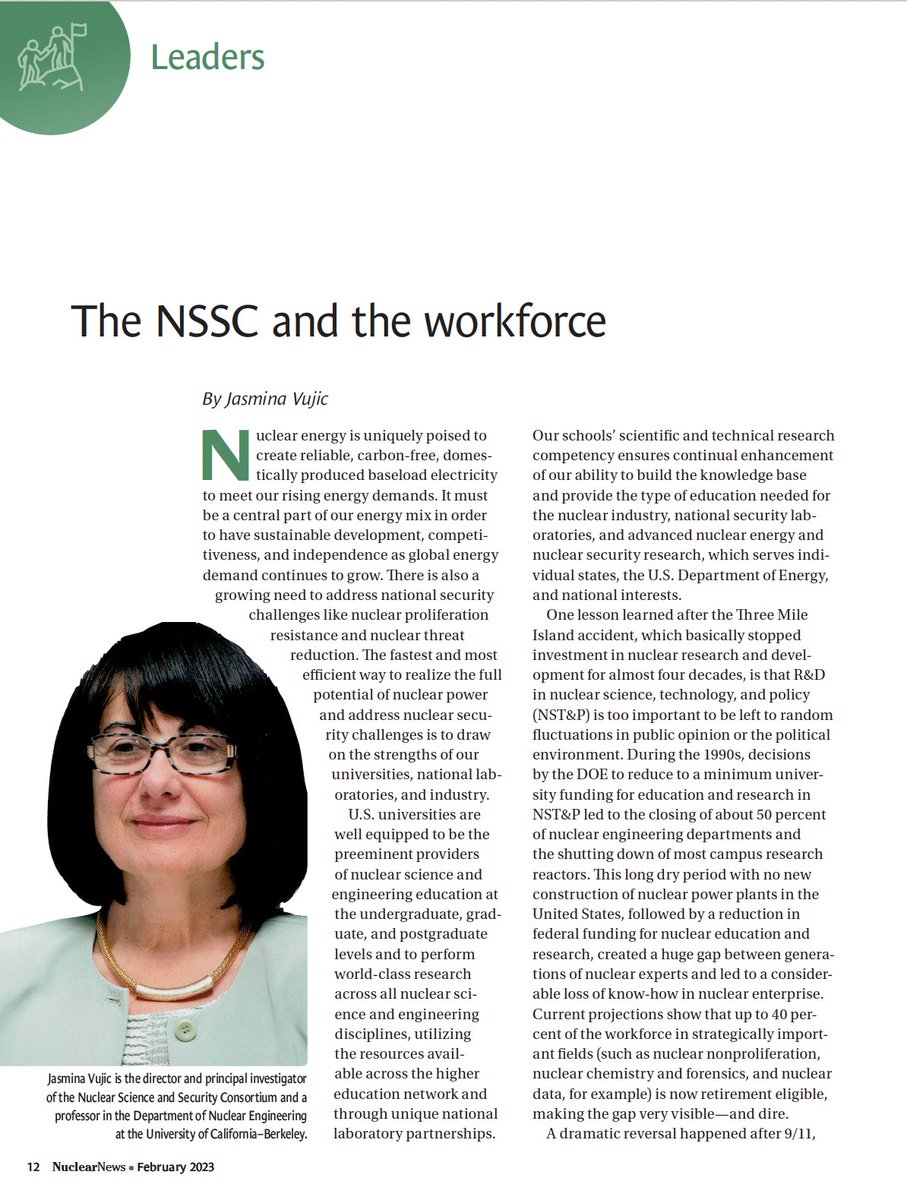 NSSConsortium's tweet photo. Prof. Jasmina Vujic, NSSC Director and Principal Investigator, discusses the need for a nuclear science and engineering workforce and the impact of the Nuclear Science and Security Consortium, featured in the @ANS_org  News February 2023 issue. https://t.co/dU39jMZzfr