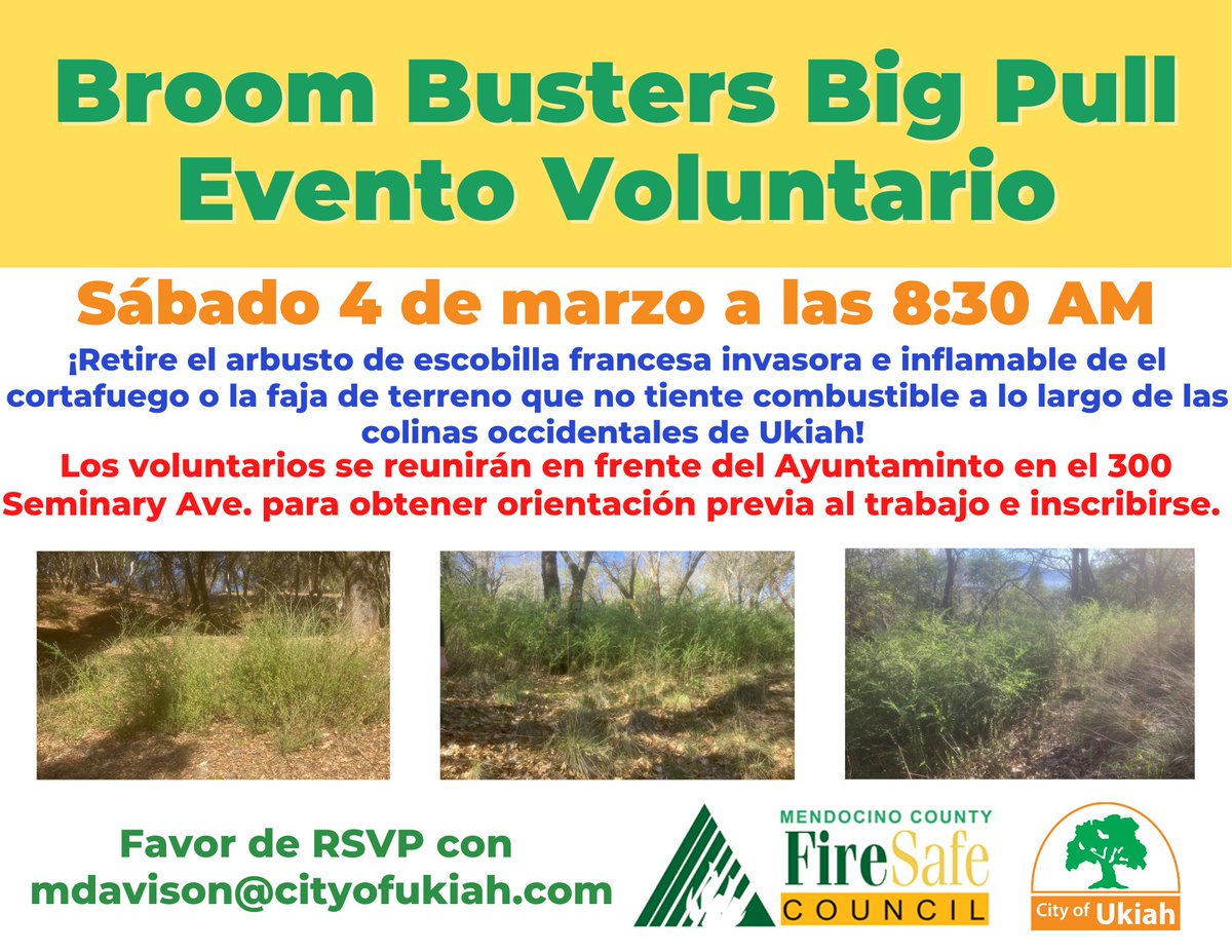The City of Ukiah , in collaboration with Mendocino County Fire Safe Council and the Western Hills Fire Safe Council, is seeking volunteers to help remove invasive French Broom. For more information or to sign up, email mdavison@cityofukiah.com or call (707) 467-5723.